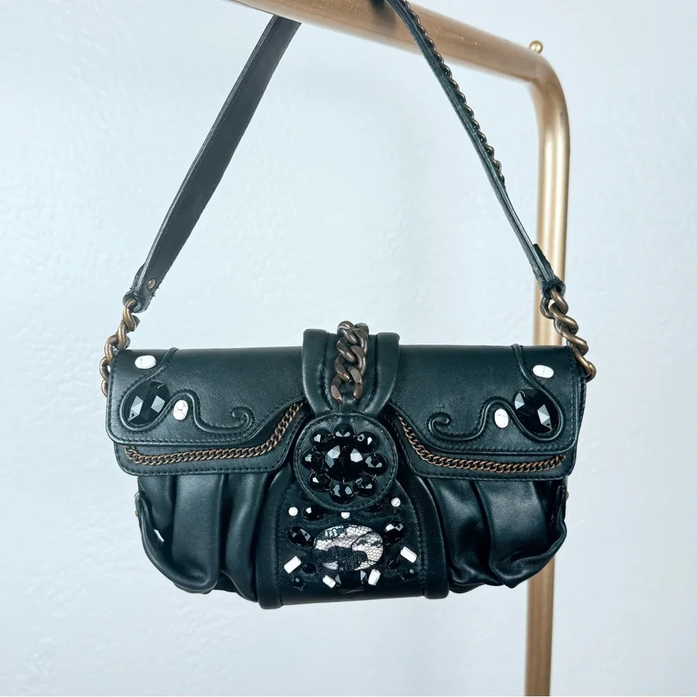 Cole‎ Haan G-Series Vintage Black Leather Embellished Hobo Shoulder Bag Y2K Edgy